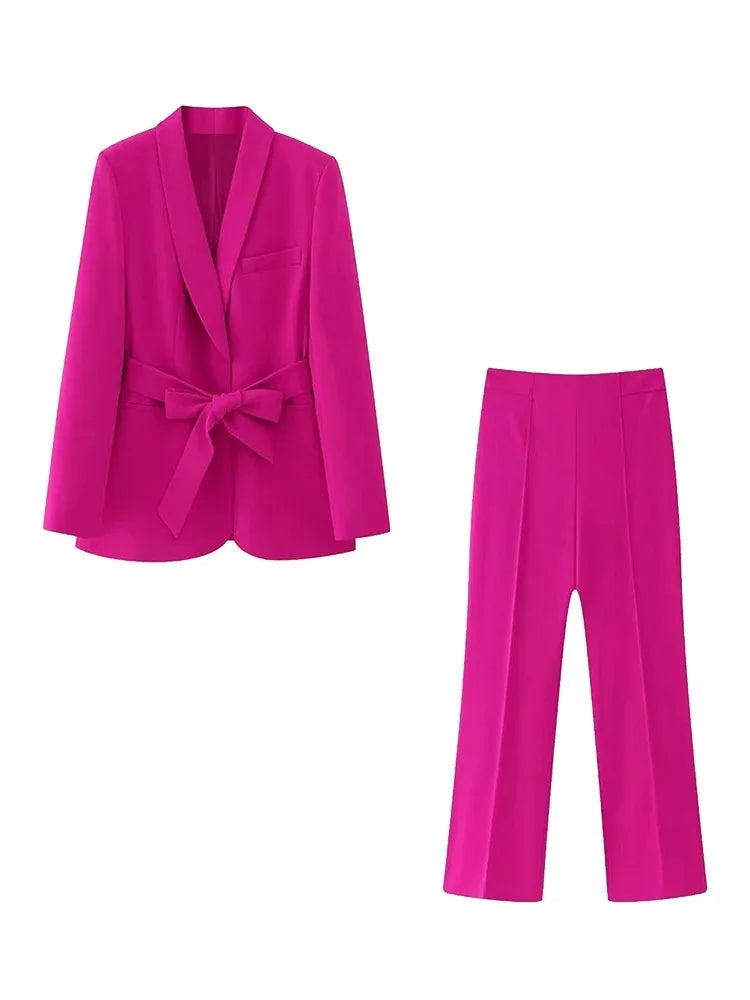 WW | Damen Freizeit Blazer Schicke Oberbekleidung Elegante Schlaghosen Langarm V-ausschnitt Gürtel Büro Pendler Anzug Satz