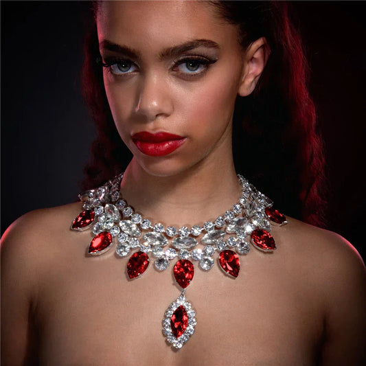 WW | Boho Silver Luxury Rhinestone Waterdrop Pendant Choker for Women Sexy Crystal Collar Statement Necklace Jewelry Accessories