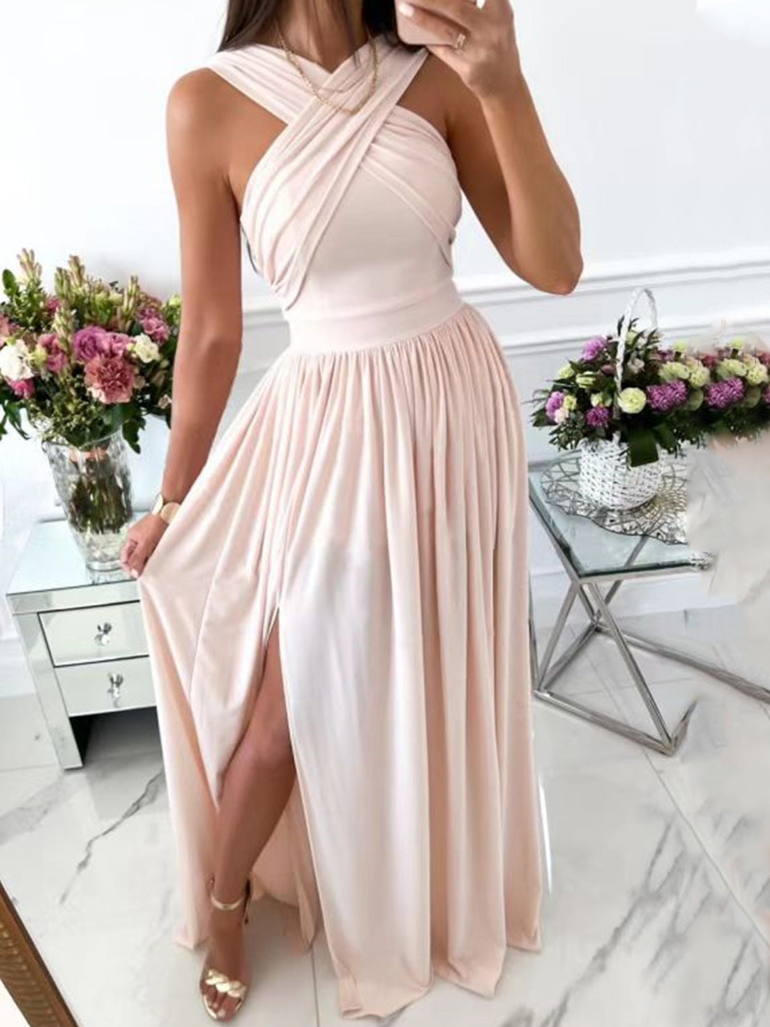 WW | Damenkleider Halsbinde Offener Rücken Ärmellos Schlitz Kleid
