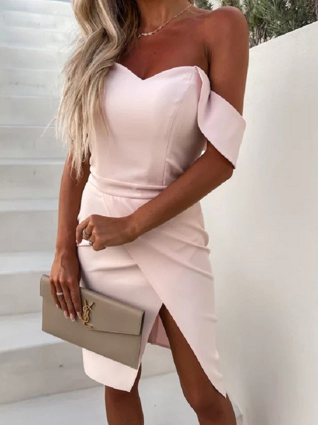 WW | Frauen Kleider Solid One Shoulder Slim Fit Schlitz Kleid