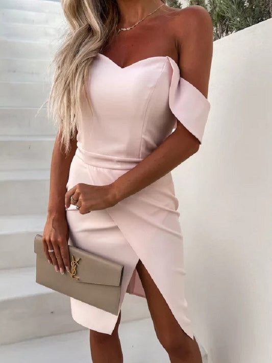 WW | Frauen Kleider Solid One Shoulder Slim Fit Schlitz Kleid