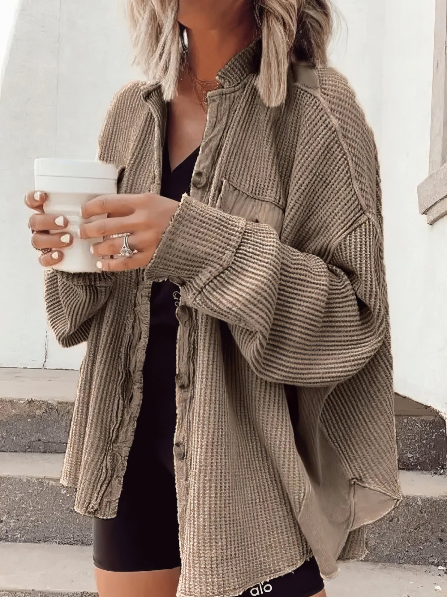 Waffelknopf-Langarmhemdjacke
