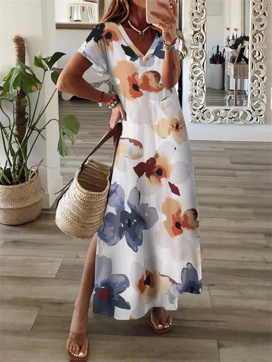 WW | Women's Floral Print V-Neck Short Sleeve Slit Dress