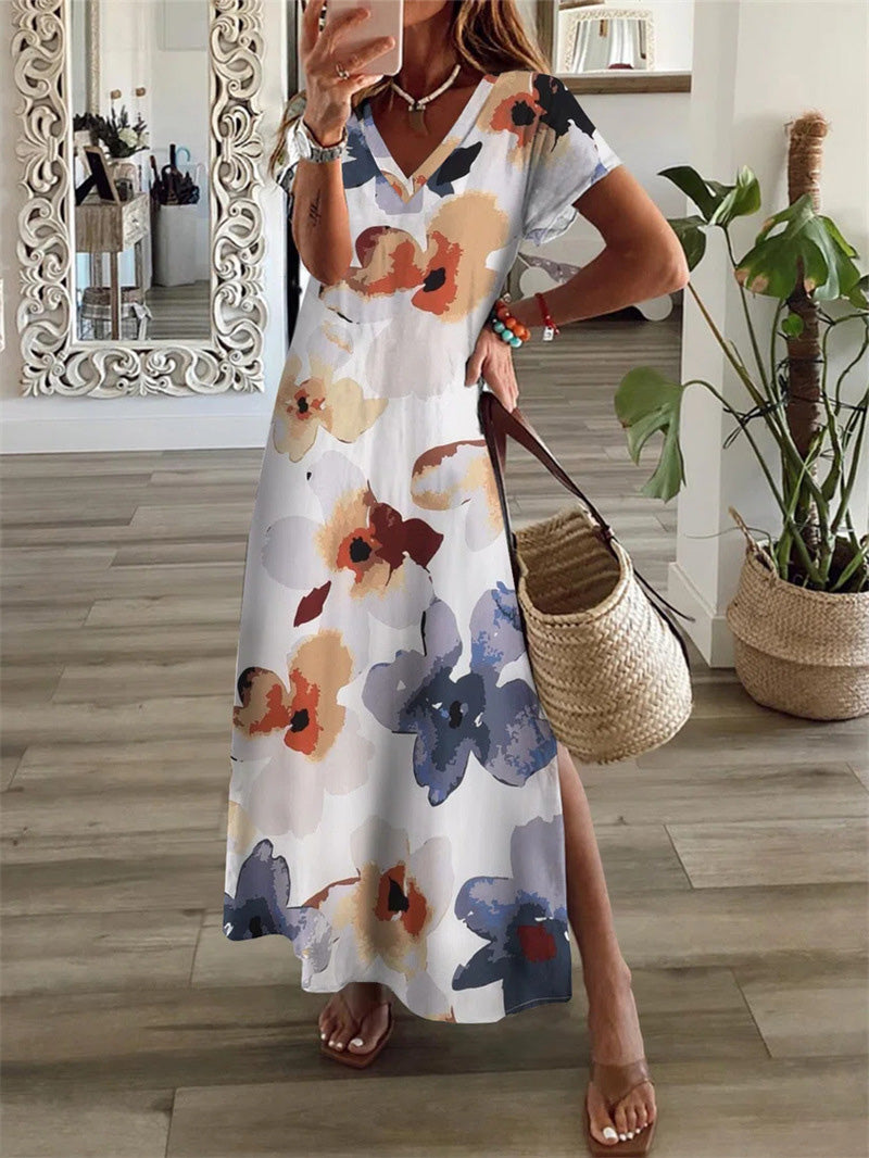 WW | Frauen Kleider Blumenmuster V-Ausschnitt Kurzarm Schlitzkleid