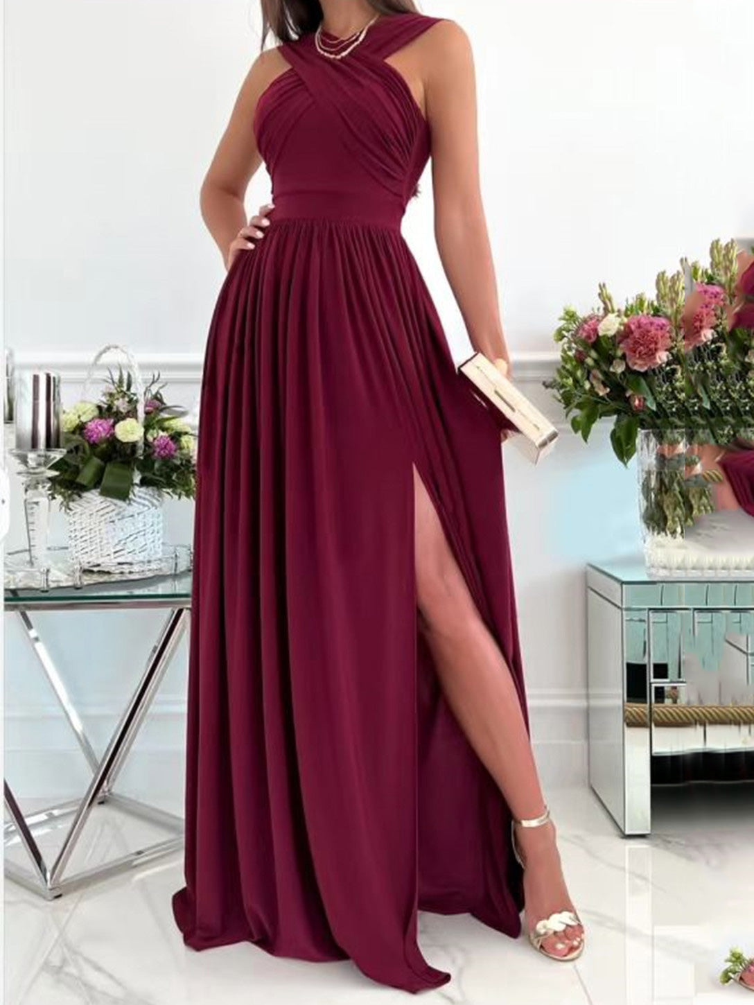 WW | Damenkleider Halsbinde Offener Rücken Ärmellos Schlitz Kleid