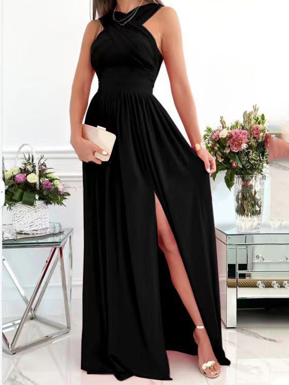 WW | Damenkleider Halsbinde Offener Rücken Ärmellos Schlitz Kleid