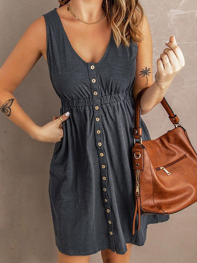 WW | Frauen Kleider Einfarbig Knopf Elastischer Bund Ärmelloses Kleid