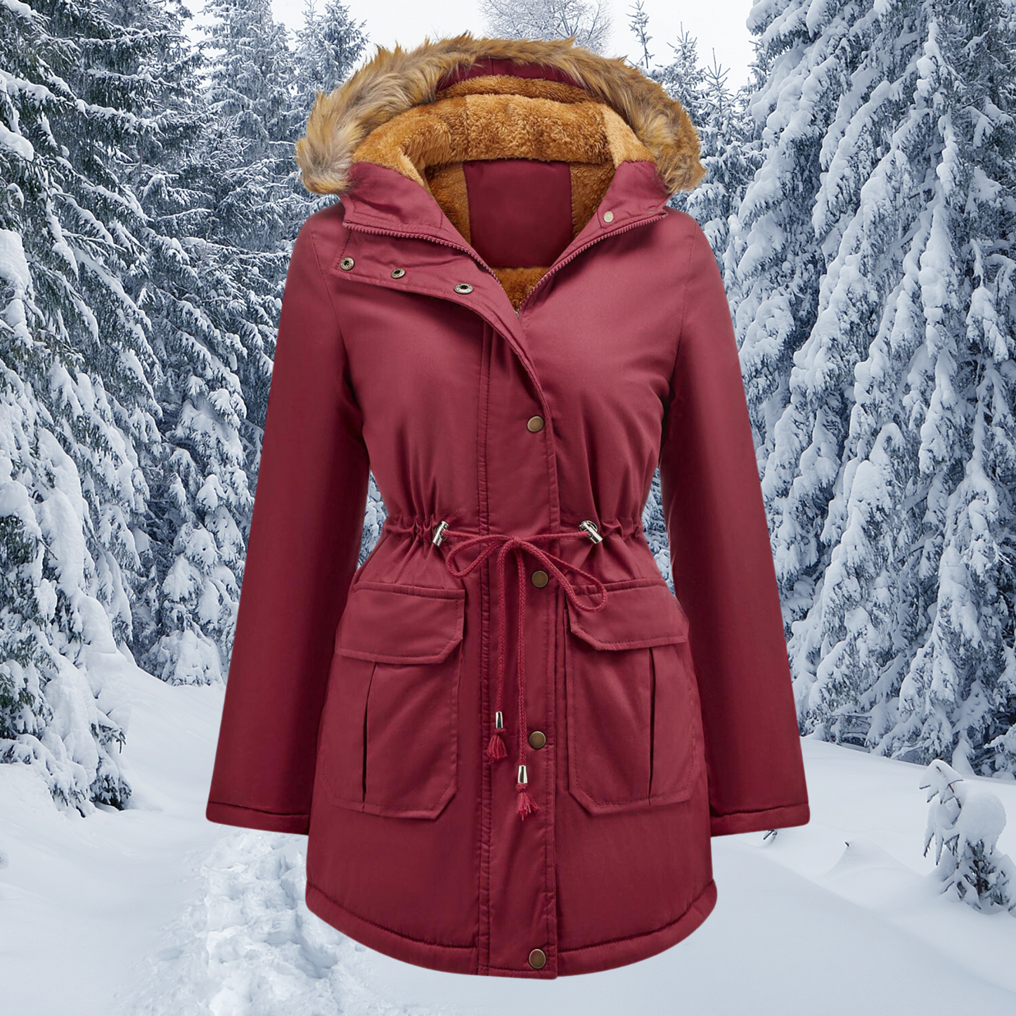 WW | Fellkragen mit Kapuze Warmer Wintermantel