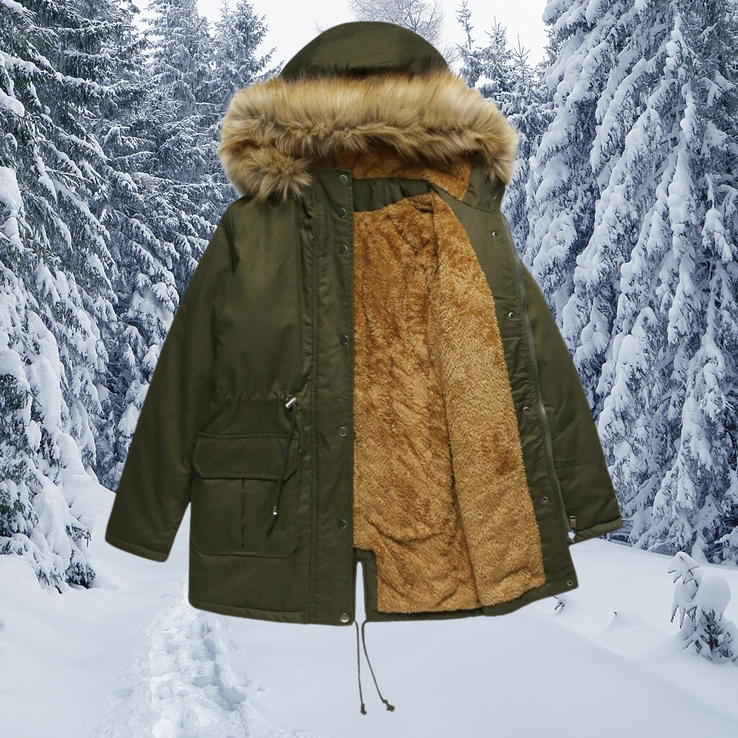WW | Fellkragen mit Kapuze Warmer Wintermantel