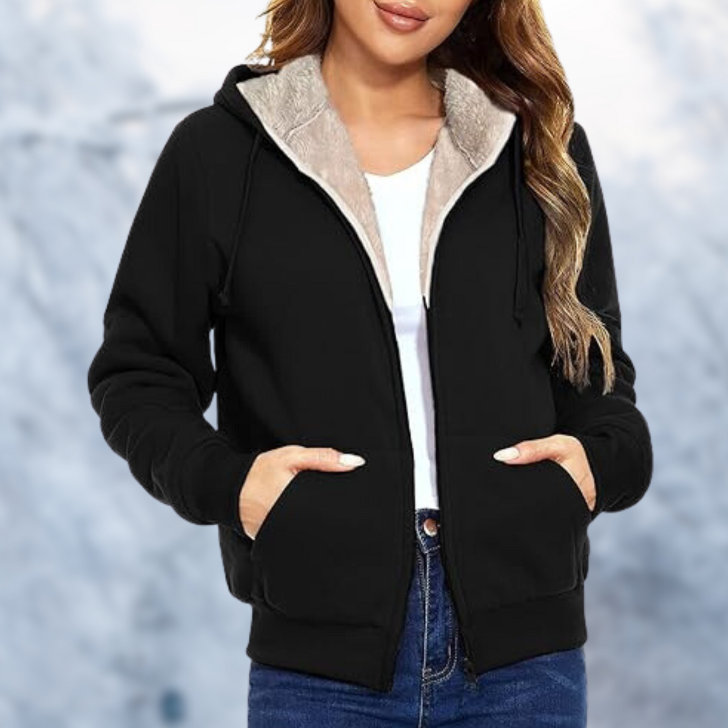 WW | Damen schwarz Wolle Schaf Kapuzenjacke