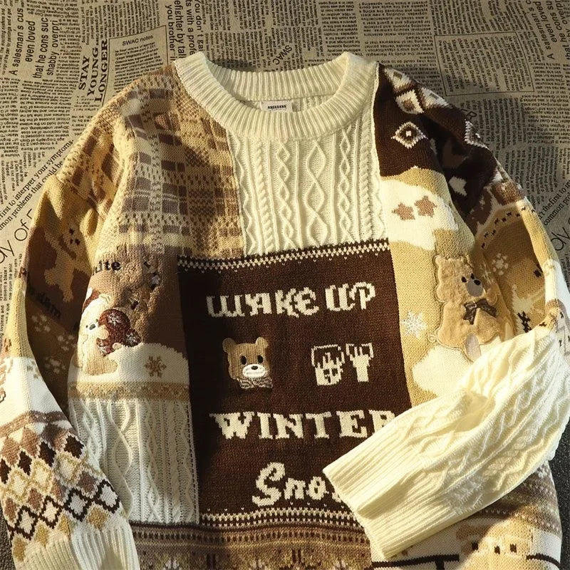 WW -Hässlicher Weihnachtspulli - Lockerer Retro-Pullover mit V-Ausschnitt und Farbblock-Design