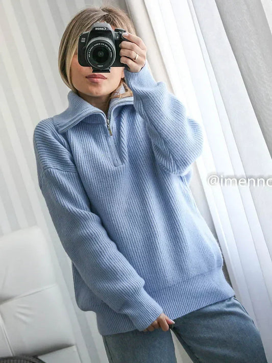 Gestreifter Turtleneck Damenpullover mit Reißverschluss