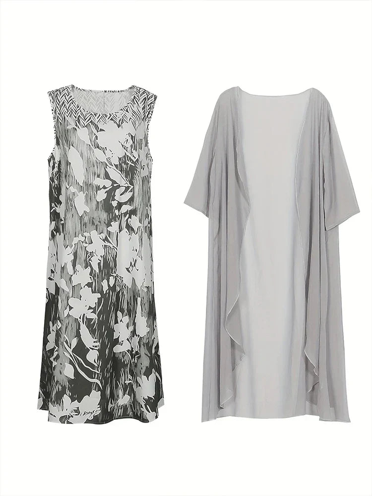 WW | Plus Size Autumn New Women's Floral Long Dress Printed Pattern Two-Piece Dress Round Neck Temperament Elegant Dress