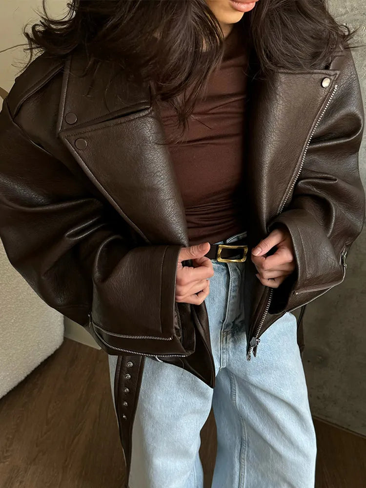 WW | Imitation Leather Jacket with Belt for Women