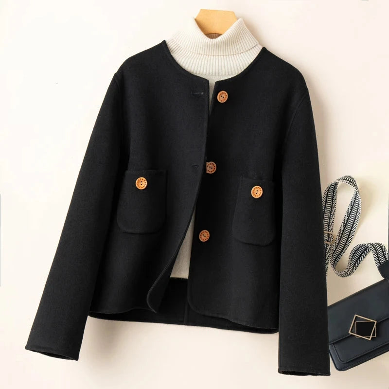 WW | Cropped Wool Blend Boxy Fit Collarless Jacket Decorative Button Closure Flap Pockets