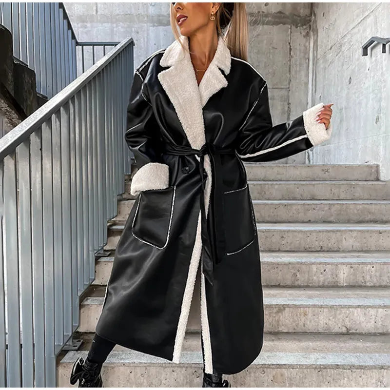 WW - Lapel Collar Leather Jacket with Pockets