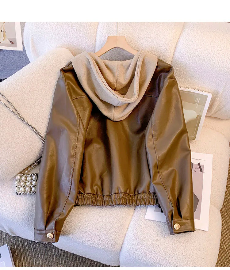 WW | Pre-sewn Leather Jacket with Lacing and Thick Hood