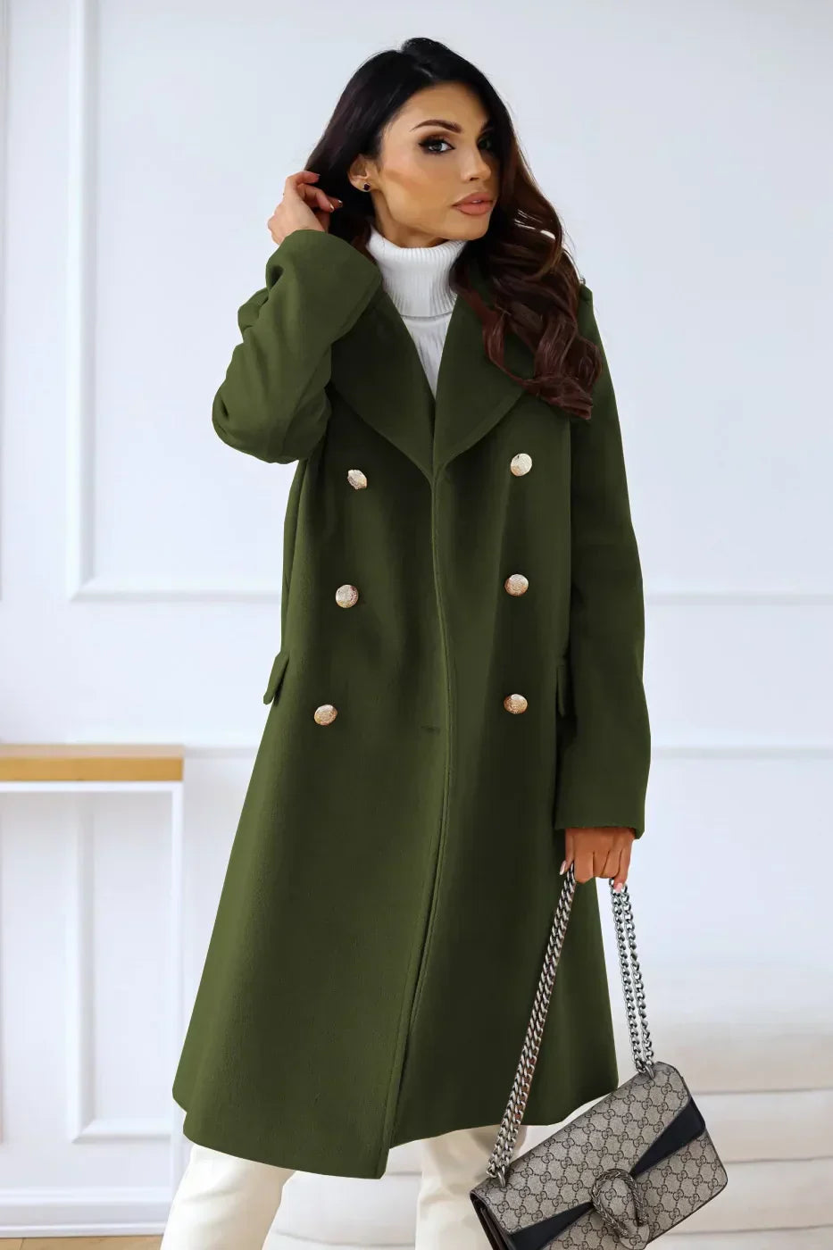 WW | Damen Doppelreihiger Mantel - Wollmischung - Mittellang - Reverskragen - Elegante formelle Kleidung