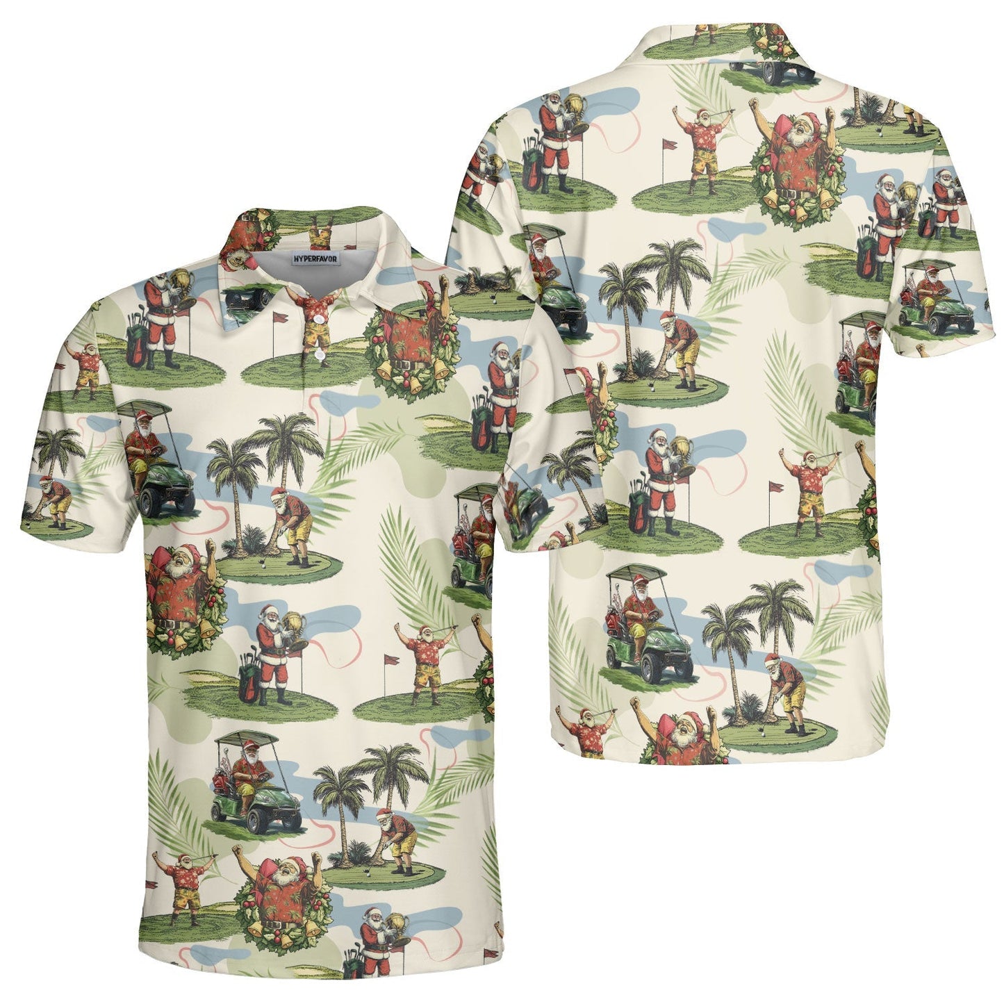 WW | Men's Beige Santa Playing Golf Christmas Golf Polo Shirts