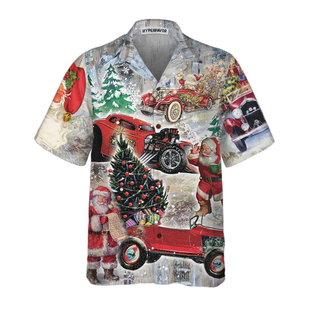 WW | Santa Claus & Sein Hot Rod Auf Weihnachten Hawaiian Shirt, Lustiges Santa Hawaiian Shirt Für Männer