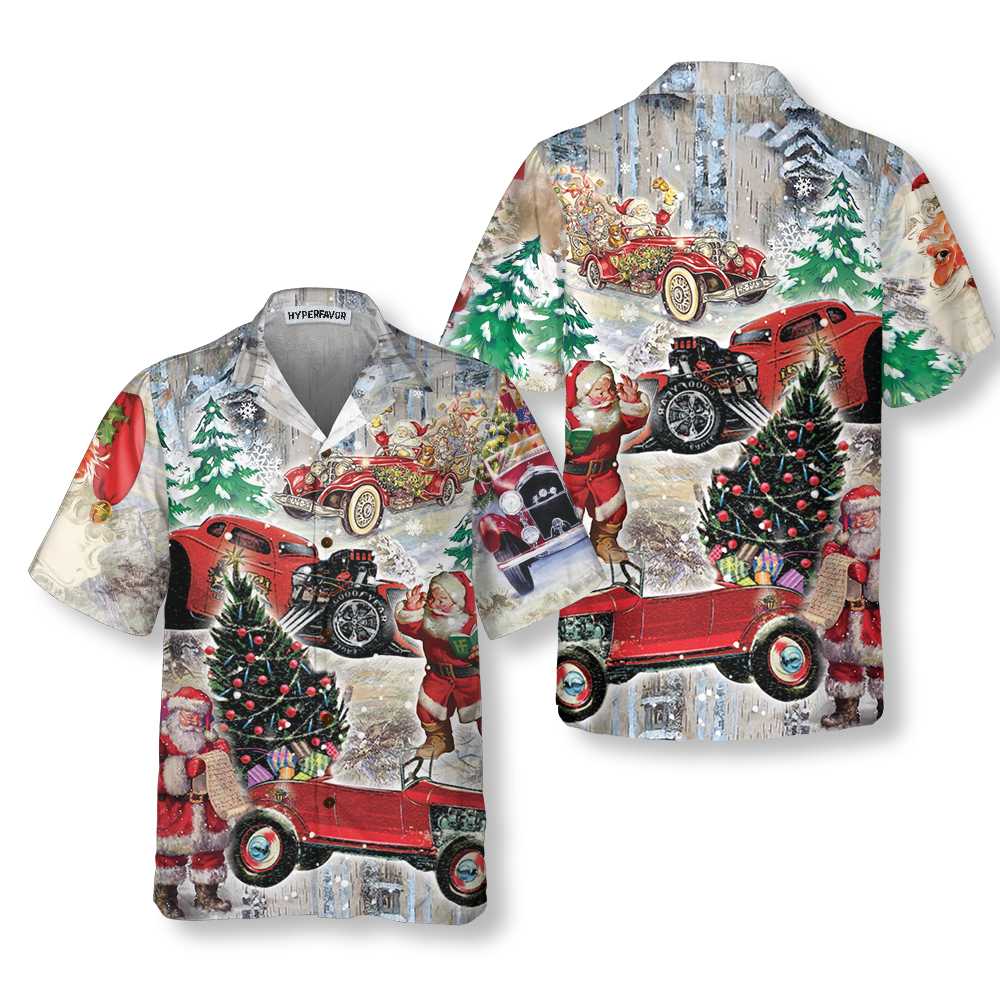 WW | Santa Claus & Sein Hot Rod Auf Weihnachten Hawaiian Shirt, Lustiges Santa Hawaiian Shirt Für Männer
