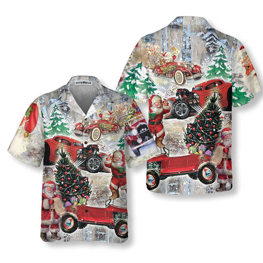 WW | Santa Claus & His Hot Rod On Christmas Hawaiian Shirt, Funny Santa Hawaiian Shirt For Men