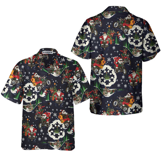 WW | Santa on Motorcycle Blue Christmas Hawaiian Shirt for Men, Funny Xmas Gift for Motorcycle Lovers