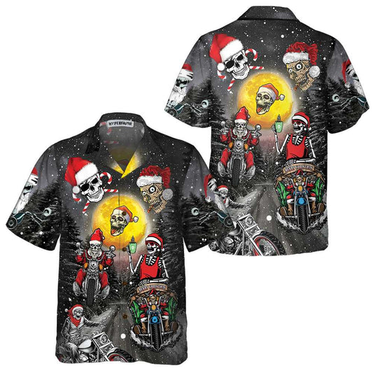 WW | Santa Skeleton Merry Christmas Hawaiian Shirt, Funny Motorcycle Skull Biker Christmas Shirt, Christmas Gift