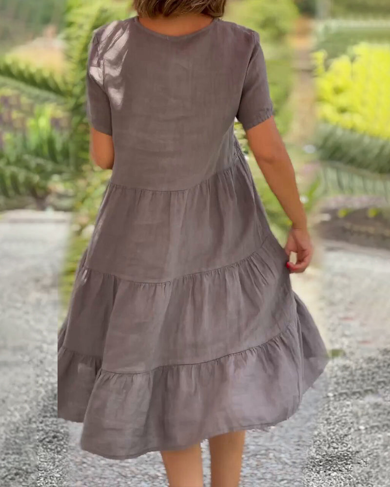 WW | Einfarbiges Kleid aus Baumwoll-Leinen mit V-Ausschnitt