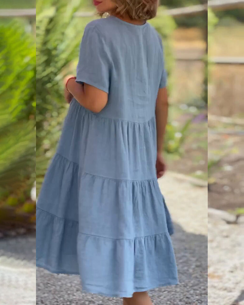 WW | Einfarbiges Kleid aus Baumwoll-Leinen mit V-Ausschnitt