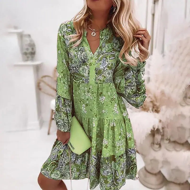 Helena - Floral A-line Dress with V-Neck