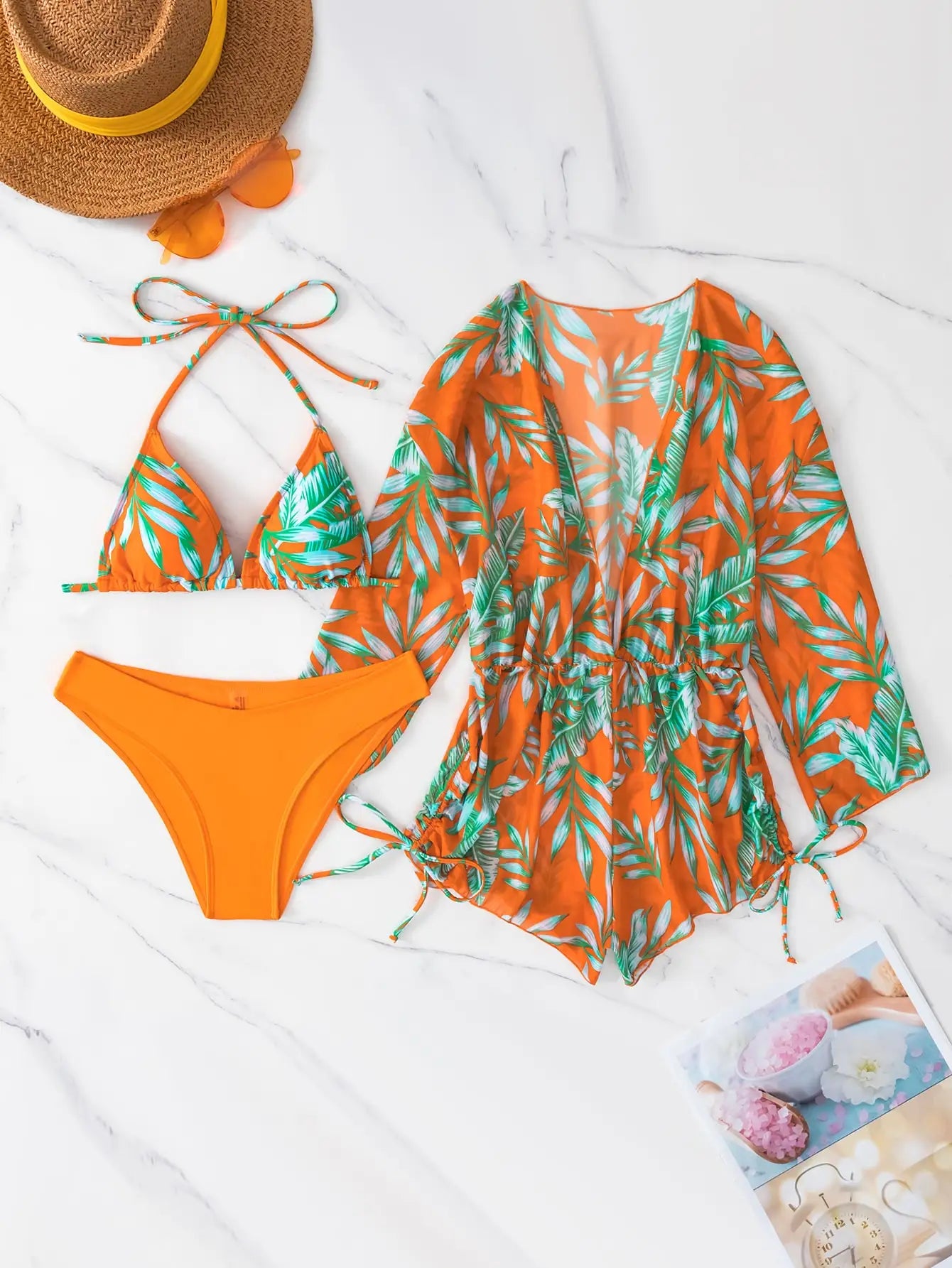 WW | 3 Stück Bikini Tropischer Druck Badebekleidung Halter Schnürseite Badebekleidung Frauen Badeanzug Weiblich Schwimmen Sommer Strandbekleidung