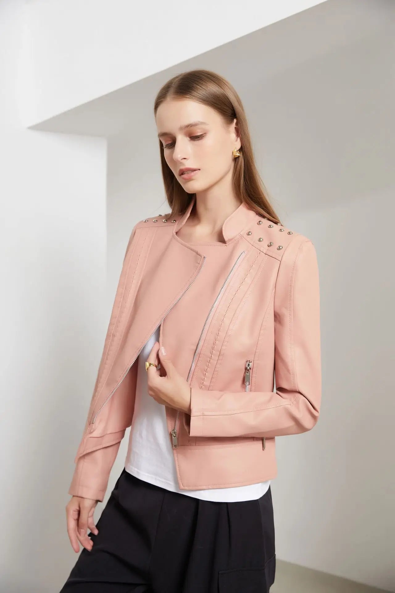 WW | Biker jacket with studded lapel collar