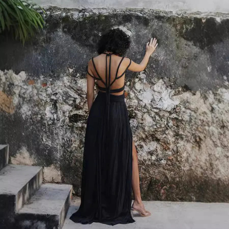 Draped crop top and long skirt set with slit and decorative cord detailing