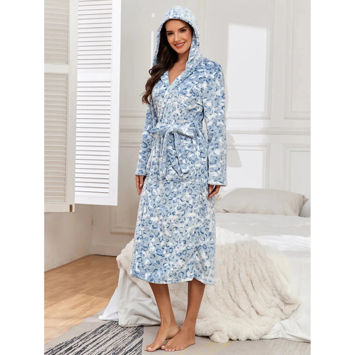 WW | Langärmelig Leopardenmuster Kapuze Bademantel mit Gürtel und Taschen