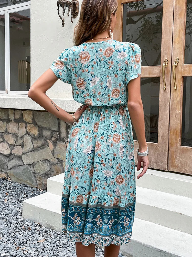 Celia – Green Floral Boho Midi Dress