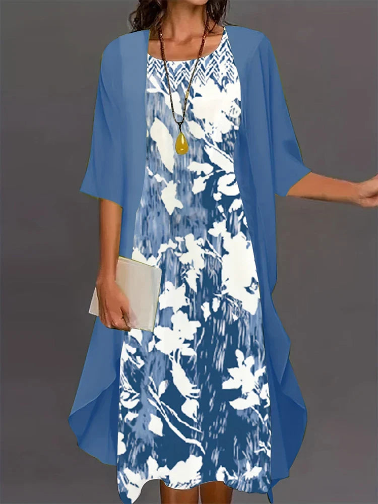 WW | Plus Size Autumn New Women's Floral Long Dress Printed Pattern Two-Piece Dress Round Neck Temperament Elegant Dress