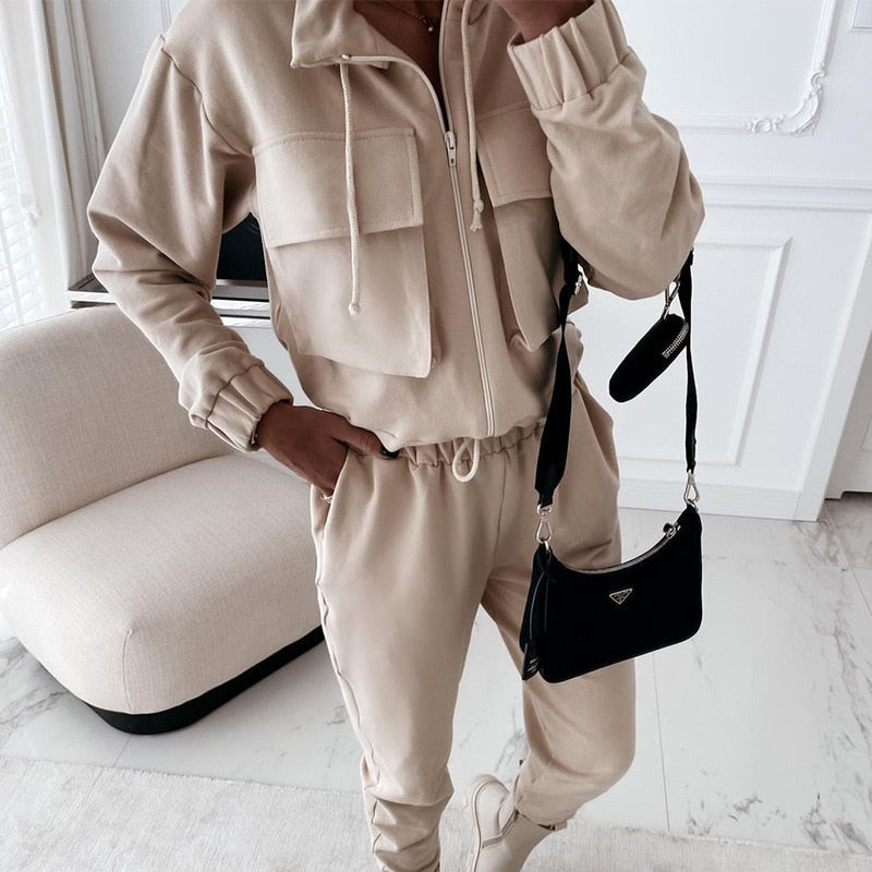 WW | Herbst Casual Cargo - Sportanzug Mode Frau - Jacke und lange Hose mit Reißverschluss