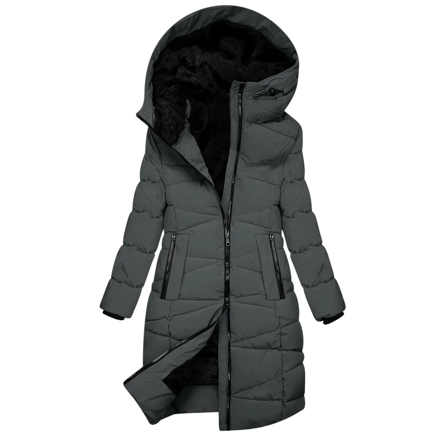 WW | Winter Steppmantel Lang - Winddichte Kapuzenjacke mit Reißverschluss, Modisch & Elegant