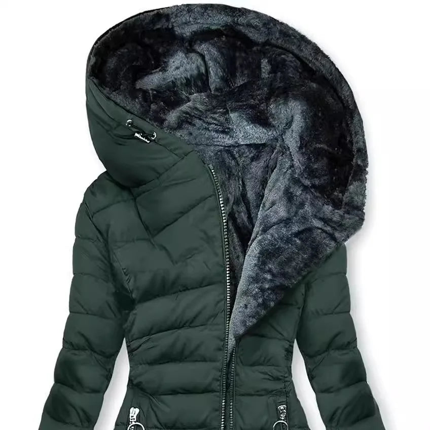 WW - Wintermantel für Damen - Mit Fellkragen, Kapuze und Reißverschluss