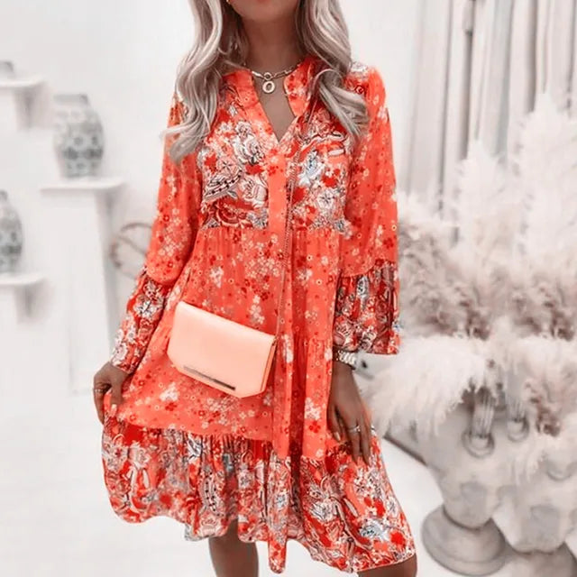 WW | Bohème Blumen Kleid mit langen Ärmeln für Damen