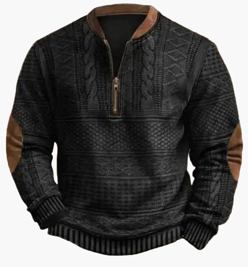 WW | Halbzipper Pullover - Modischer Strick-Look für Herbst und Winter, Warmes Sweatshirt mit Stehkragen und Ellbogen-Patches, Freizeit & Alltag