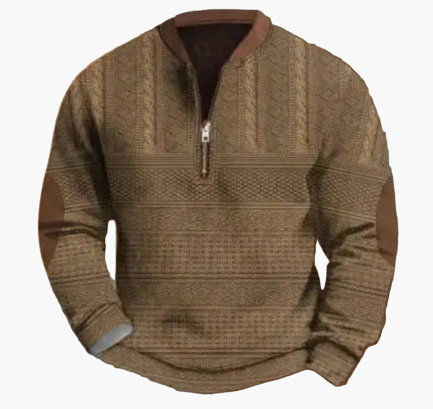 WW | Halbzipper Pullover - Modischer Strick-Look für Herbst und Winter, Warmes Sweatshirt mit Stehkragen und Ellbogen-Patches, Freizeit & Alltag