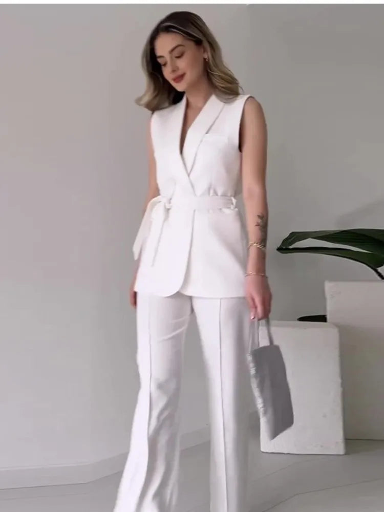 WW | Ärmelloser Blazer-Anzug Taillierte Passform Wickel-V-Ausschnitt Weite Hose