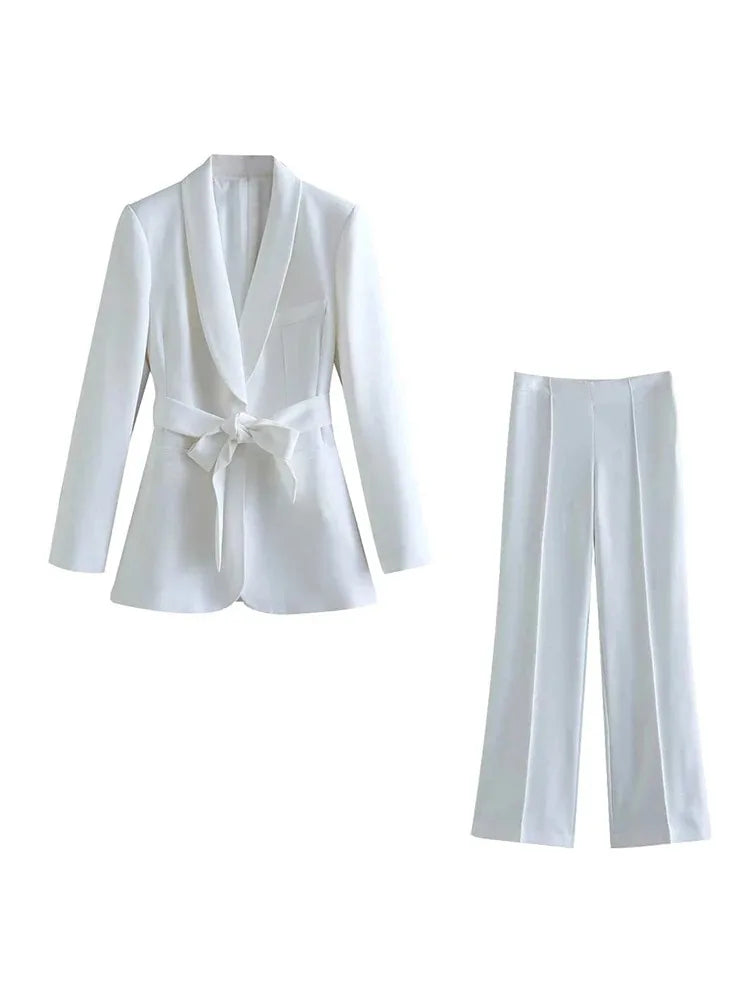 WW | Damen Freizeit Blazer Schicke Oberbekleidung Elegante Schlaghosen Langarm V-ausschnitt Gürtel Büro Pendler Anzug Satz