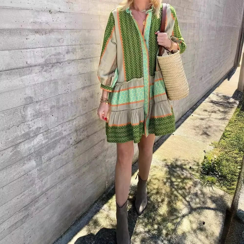 Selene | Cotton-Linen Dress with Green Print