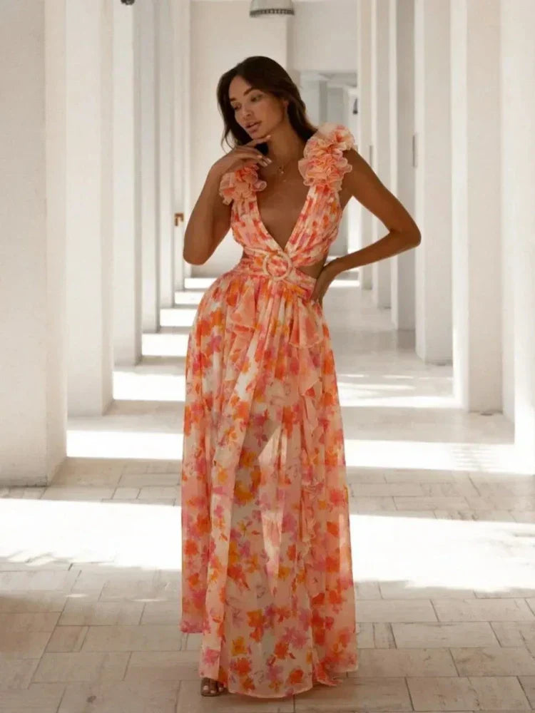 Lexi – Elegantes rückenfreies Maxikleid mit Rüschen