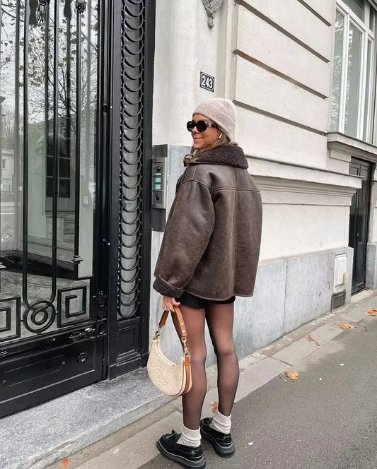WW | Leder Winterjacke mit Plüschfutter und Weitem Kragen