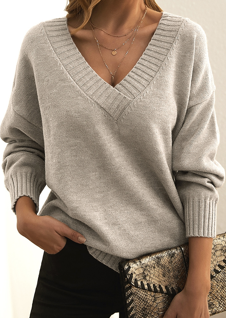 WW | Strickpullover - Weiche Wollmischung - V-Ausschnitt - Lockerer Schnitt - Lange Ärmel