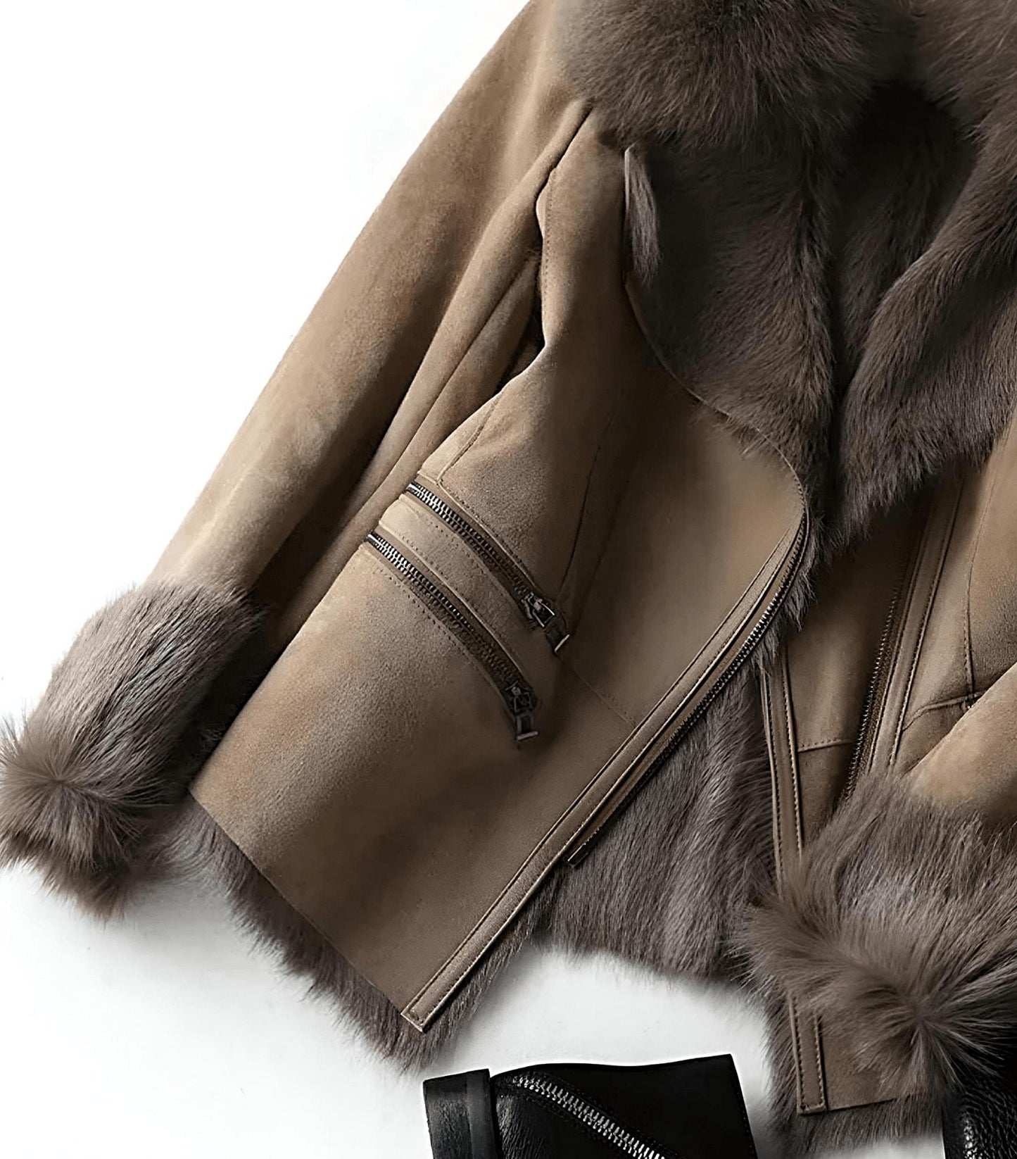 WW | Faux Fur Kragenjacke - Wildlederfinish - Eleganter Winterstil - Warme isolierte Schicht